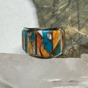 Spiny oyster turquoise stone panel like statement band ring